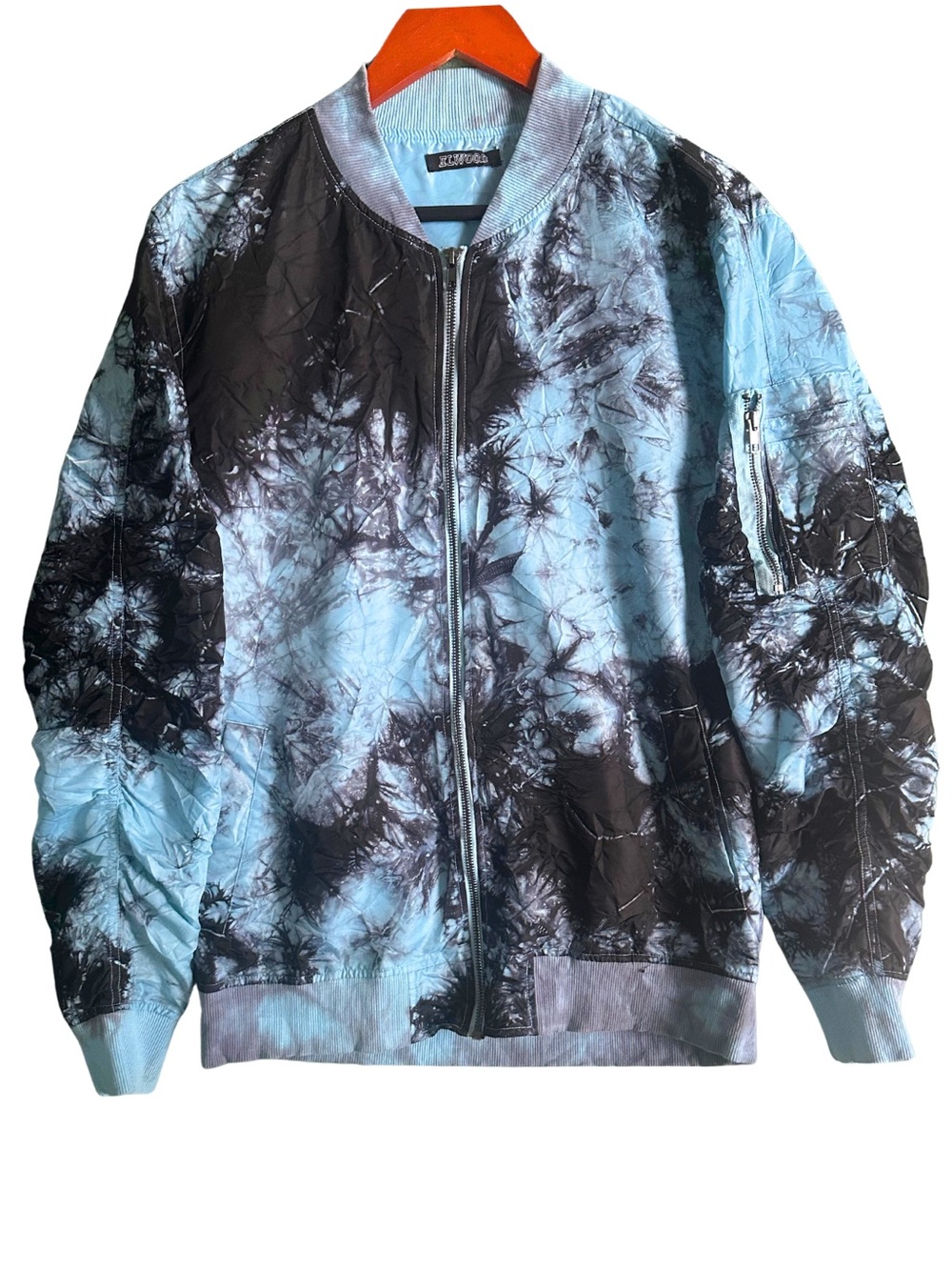 Elwood Men’s Blue Black Tie Dye Nylon Bomber Jacket Y2K Style Streetwear M